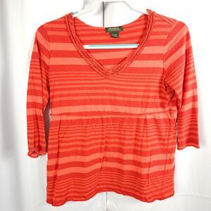 Eddie Bauer Red Pink Striped V-Neck 3/4 Sleeve Shirt Women's Medium